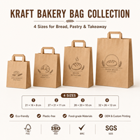 Bolsa de Papel con Fondo Cuadrado y Asa Plana, Bolsa de Transporte de Papel Kraft Autoportante, Impresión Personalizada para Panadería, Embalaje Minorista, Suministro al por Mayor