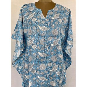 Caftán de Algodón Puro, Kimono de Verano, Estampado Floral Indio, Traje de Baño para Playa, Cómodo para Embarazadas, Color Azul Cielo y Blanco - Product Image 1