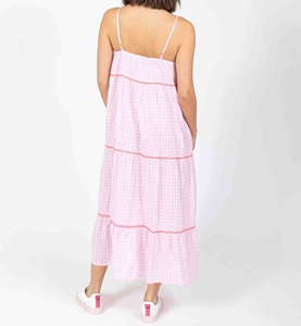 Sexy Women's Maxi Dress Sleeveless Short <b>Spaghetti</b> <b>Strap</b> Lace Trim Tiered Contrast Check Print 100% Cotton A-Line ODM for 4 - Product Image 2