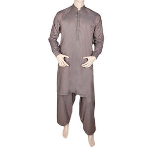 Shalwar Kameez Bordado para Hombre con Cuello de Banda - Color Café - Product Image 3