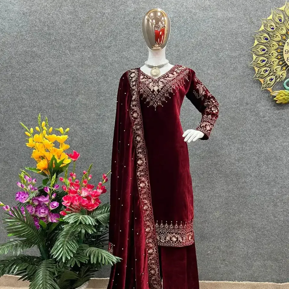 Launching New Designer Party Wear Look Top Dupatta And Fully Stitched Bottom Velvet With Heavy Embroidery Work With Full Sleeves