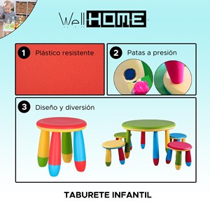WELL HOME Tabouret rouge pour enfants, chaise en plastique solide et durable, diamètre 30x26 cm - Product Image 2