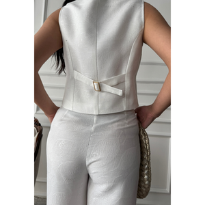 Ensemble veste et pantalon en lin pour femme, blanc, à un bouton - Product Image 4