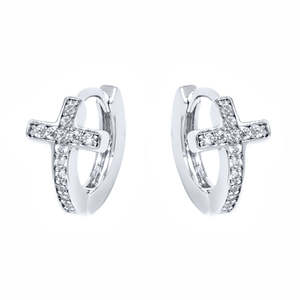 Orecchini a Cerchio con Croce in Oro 14K e Cristalli Autentici, Eleganti Orecchini a Perno con Cristalli - Product Image 3