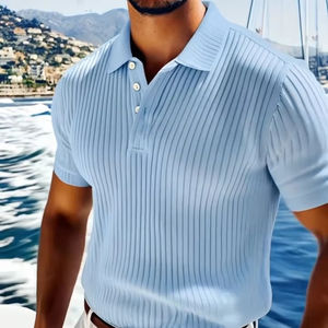 Camisa Polo a Rayas Azul Claro para Hombre, Manga Corta, Cierre de Botones, Tejido Texturizado, Corte Ajustado Informal, Prenda Superior para Exteriores - Product Image 1