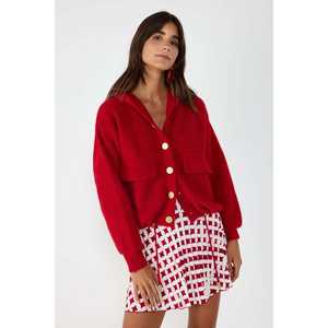Cardigan en tricot décontracté rouge avec détails boutonnés et poche, orné de dentelle, en laine et acrylique, long, pour la saison automne-hiver - Product Image 1