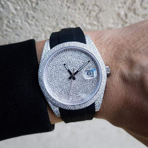 Montre de luxe pour homme de haute qualité sans batterie avec cadran en verre, demi-sertie de diamants, bracelet noir hip-hop, boîtier volumineux, livraison gratuite - Product Image 2