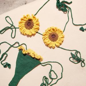 Ensemble de maillot de bain au crochet motif tournesol uni, style mode euro-américaine, bikini tricoté à la main, bas de maillot de bain string ajouré - Product Image 3