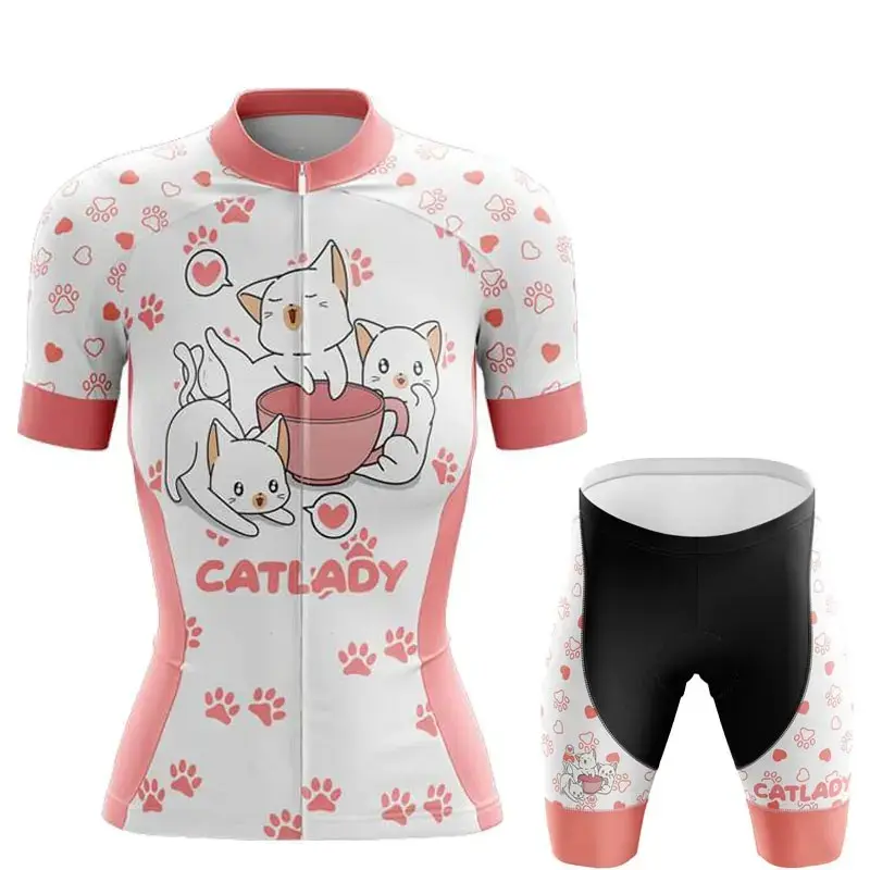Son tasarım kadınlar bisiklet forması Set komik karikatür kedi bisiklet giysileri yaz bisikletçi giysisi bisiklet seti
