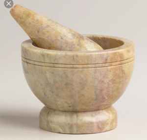 Nouveau mortier et pilon en marbre, couleur blanche avec base dorée, forme ronde, pour table - Product Image 1