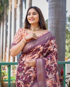 Nuevo diseñador Heavy Linen Digital Impreso con Golden Jacquard Border Colección de Fancy Silk Sari para ropa India pakistaní - Product Image 5