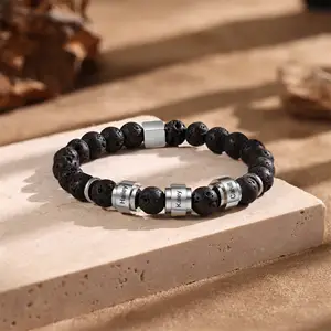 Fathers Day Gift Names Black Lava Bead Bracelet Personalized Gifts Engraved ID Name Bangle Bracelet for Men