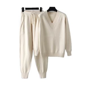 Automne hiver femmes col en V pull deux pièces ensemble femme tricoté pantalons costumes mode pull décontracté survêtements - Product Image 1