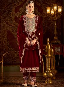 Terciopelo pesado con Secuencia de bordado Traje DE TRABAJO Secuencia de terciopelo Cording Bordado Trabajo superior e inferior con Dupatta - Product Image 5
