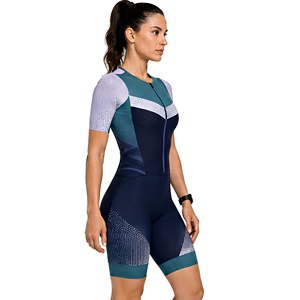 Combinaison de cyclisme pour femmes, manches courtes, fermeture éclair avant, séchage rapide, compression, extensible dans 4 directions, bleu marine, motif blanc - Product Image 2