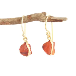 Top Fashion Jewelry Natural Raw Carnelian Hanging Drop Dangle Earrings 24K Gold Plated Ear Wire Hook Earrings Present For Woman