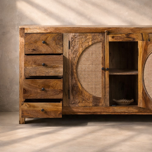 MKJ Solid Mango Wood <b>Sideboard</b> | Rustic Antique Living Room Furniture | Hand Carved Rattan Cane <b>Storage</b> Unit Shutter Doors 5+ - Product Image 2