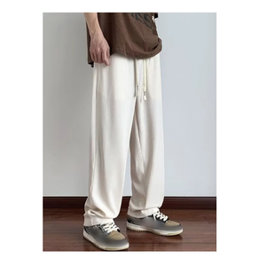 Pantalon en tricot côtelé tendance pour hommes Pantalon baggy en tissu doux en vrac avec coupe décontractée toute la journée Vêtements d'intérieur en style de rue teint en couleur unie - Product Image 3