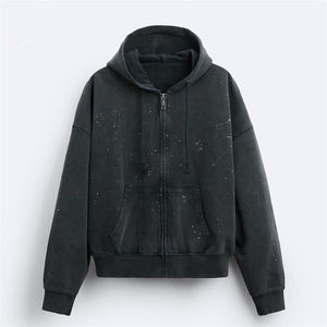 Sudadera con capucha extragrande de diamantes de imitación para hombre, ropa de calle de mezcla de algodón de primera calidad, Sudadera con capucha personalizada desteñida y ajustada con cremallera - Product Image 1