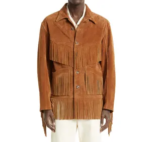 Camurça Western Leather Jacket com franja couro elegante em tan marrom longo cor Franjas jaqueta de couro