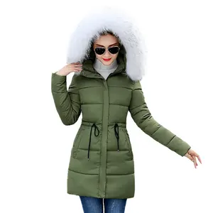 2023 새로운 도착 긴 스타일 겨울 따뜻한 모피 칼라 후드 다운 코튼 파카 자켓 코트 여성