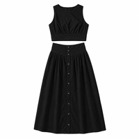 Ensemble jupe courte 2 pièces pour femme, décontracté, été, uni, 100% lin, sans manches, taille haute, boutonné devant, respirant, jupe au genou, tendance
