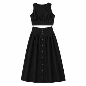 Ensemble jupe courte 2 pièces pour femme, décontracté, été, uni, 100% lin, sans manches, taille haute, boutonné devant, respirant, jupe au genou, tendance - Product Image 1