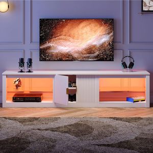 Mueble de TV Moderno Blanco al por Mayor con Puertas Acanaladas, Consola Multimedia LED, Estantes de Vidrio, Mueble Grande para TV, Consola Multimedia para Sala de Estar - Product Image 1