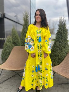 Vestido bordado a máquina amarillo ucraniano de manga larga, vestidos florales bohemios, cuello redondo, vestido de borla para mujer - Product Image 2