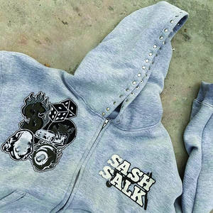 OEM Custom Men's Vintage Hooded <b>French</b> Terry Rhinestone Oversized Heavy Cotton Printed Sun Faded Acid Wash Zip Up Hoodie - Product Image 2