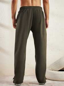Pantalones de chándal de corte bootcut de forro polar caqui 100% algodón, de cintura alta, estilo jogging, con cierre de botón y bolsillos laterales dobles, informales, venta al por mayor. - Product Image 2