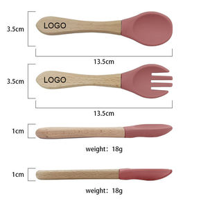 Ensemble cuillère et fourchette à manche en bois, faible MOQ, prix d'usine, couleur personnalisée, prêt à expédier, logo personnalisé, couverts en silicone pour bébé - Product Image 1