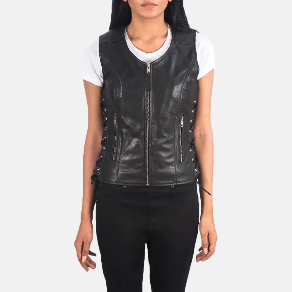 Women Black Leather Biker Vest Real Goatskin Leather Polyester Lining Zipper Closure With Laces Motorbike Leather Vest