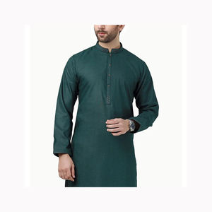 Vente en gros de robes kameez shalwar pour hommes en couleur unie vierge sur le design à l'encolure, bande et manche - Product Image 2
