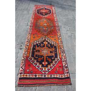 Vintage Turkish Rug, 2.8x10 ft <b>Runner</b> Rug, <b>Red</b> Blue Bordered Wool Rug - Product Image 1
