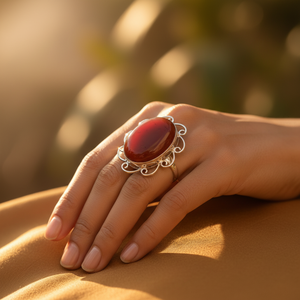 Bague en argent 925 plaqué rhodium vintage avec sertissage en cornaline pour femmes - Product Image 1