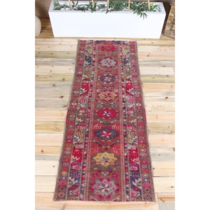 Tapis vintage, tapis d'appoint 2,9x7,2 pieds, tapis turc en laine géométrique rose - Product Image 1