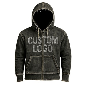 Personalizado Unisex Desgastado Vintage Lavado Cremallera Dobladillo deshilachado Streetwear Chaqueta con capucha rasgada de gran tamaño - Product Image 1