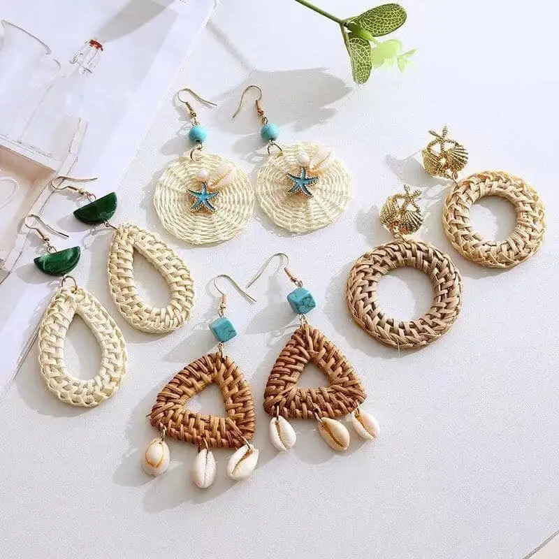 Handwoven Bohemian Dangle Jewelry Earrings, Woven Rattan Fashion Jewelry Earrings