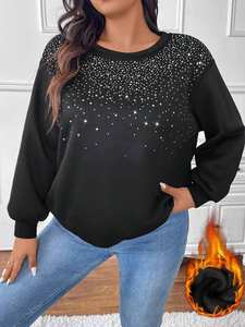 <b>Women's</b> <b>Sparkle</b> Black Fleece Pullover Hooded Printed Rhinestone Embellished Long Sleeve Winter Streetwear Crewneck <b>Top</b> Drop - Product Image 3