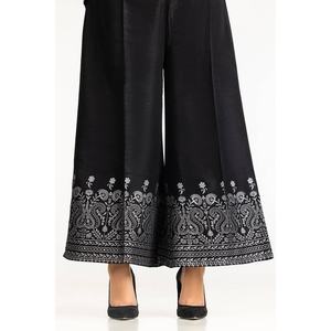 Pantalones Anchos Negros 100% Seda Cruda con Estampado en Bloque, Cintura Alta y Bordado a Mano TR-24-21, Pantalones de Satén - Product Image 1