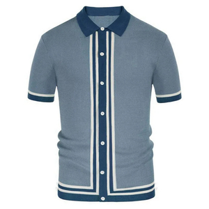 2024 nuevo verano hombres moda pulóver Tops Jersey manga corta Camiseta con solapa rayas estampado botón para Polo diseño liso - Product Image 5