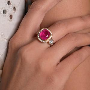 Ethnic Gajaah 925 Sterling Silver The Rosette Bloom - <b>Vintage</b>-Inspired Pink Gemstone & Polki <b>Ring</b> For Women Party Wear Bridal - Product Image 2