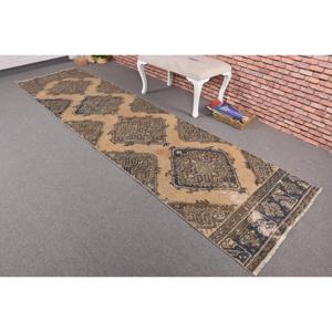 Turkish Vintage Rug, Runner 3x11.9 ft (92x362 cm) Rug, <b>Brown</b> Floral <b>Wool</b> Rug - Product Image 2