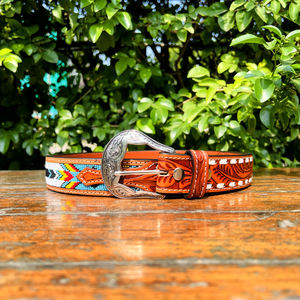 Ceinture Western Classique en Cuir Véritable Perlé Paisley Faite à la Main avec Boucle Ardillon en Alliage de Zinc 40MM pour Tenue Décontractée - Product Image 1