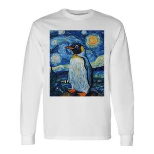 T-Shirt a Maniche Lunghe Stile Van Gogh Notte Stellata con Design di Pinguini per Promozioni - Product Image 1