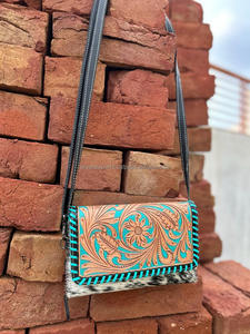 Porte-monnaie en cuir sculpté usiné à la main pochette étui de téléphone élégant portefeuilles en cuir de vachette portefeuille de couleur turquoise pour les femmes - Product Image 3