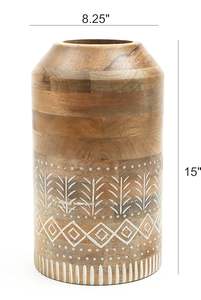 Vase rustique en bois sculpté, grand pot décoratif à motif tribal, style moderne pour étagère de salon, accent de décoration bohème neutre - Product Image 4