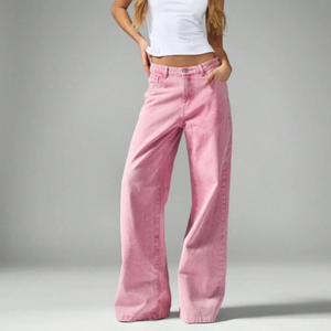 Hot Sale Wide Leg High <b>Waisted</b> Pastel Pink Cotton Denim Pants Woman Style Retro Button Casual Loose Fit Women's <b>Jeans</b> Pants - Product Image 1