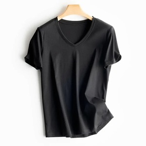 เสื้อยืดแขนสั้นคอวีเรียบง่ายสำหรับผู้หญิงใส่ในฤดูร้อนเสื้อ100% ผ้าฝ้ายแห้งเร็วระบายอากาศได้ดี - Product Image 4